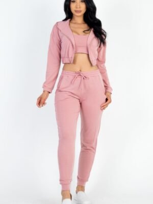 French Terry Cropped Cami With Zip-up Jacket And Joggers Set French Terry Cropped Cami With Zip-up Jacket And Joggers Set