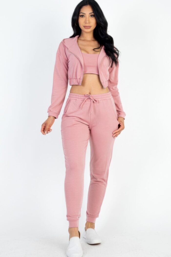 French terry cropped cami with zip-up jacket and joggers set - image 6