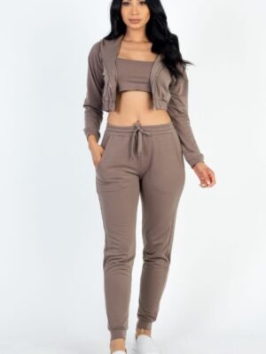French Terry Cropped Cami With Zip-up Jacket And Joggers Set French Terry Cropped Cami With Zip-up Jacket And Joggers Set