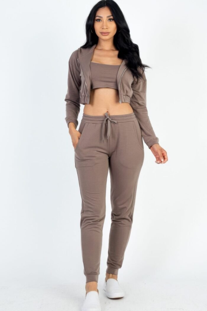 French terry cropped cami with zip-up jacket and joggers set - image 7