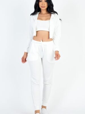French Terry Cropped Cami With Zip-up Jacket And Joggers Set French Terry Cropped Cami With Zip-up Jacket And Joggers Set
