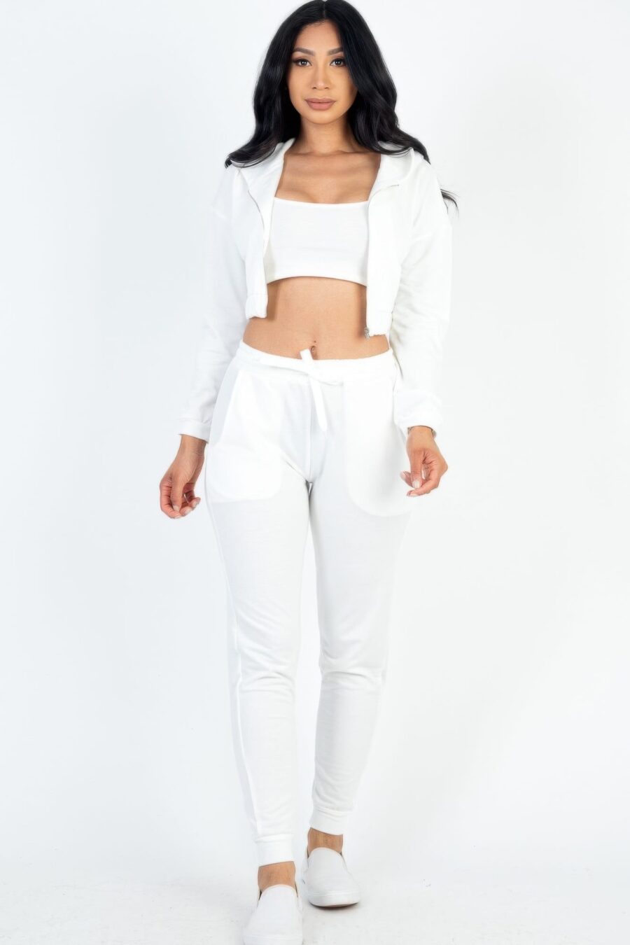 French terry cropped cami with zip-up jacket and joggers set