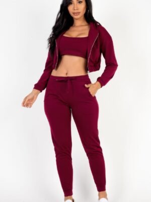 French Terry Cropped Cami With Zip-up Jacket And Joggers Set French Terry Cropped Cami With Zip-up Jacket And Joggers Set