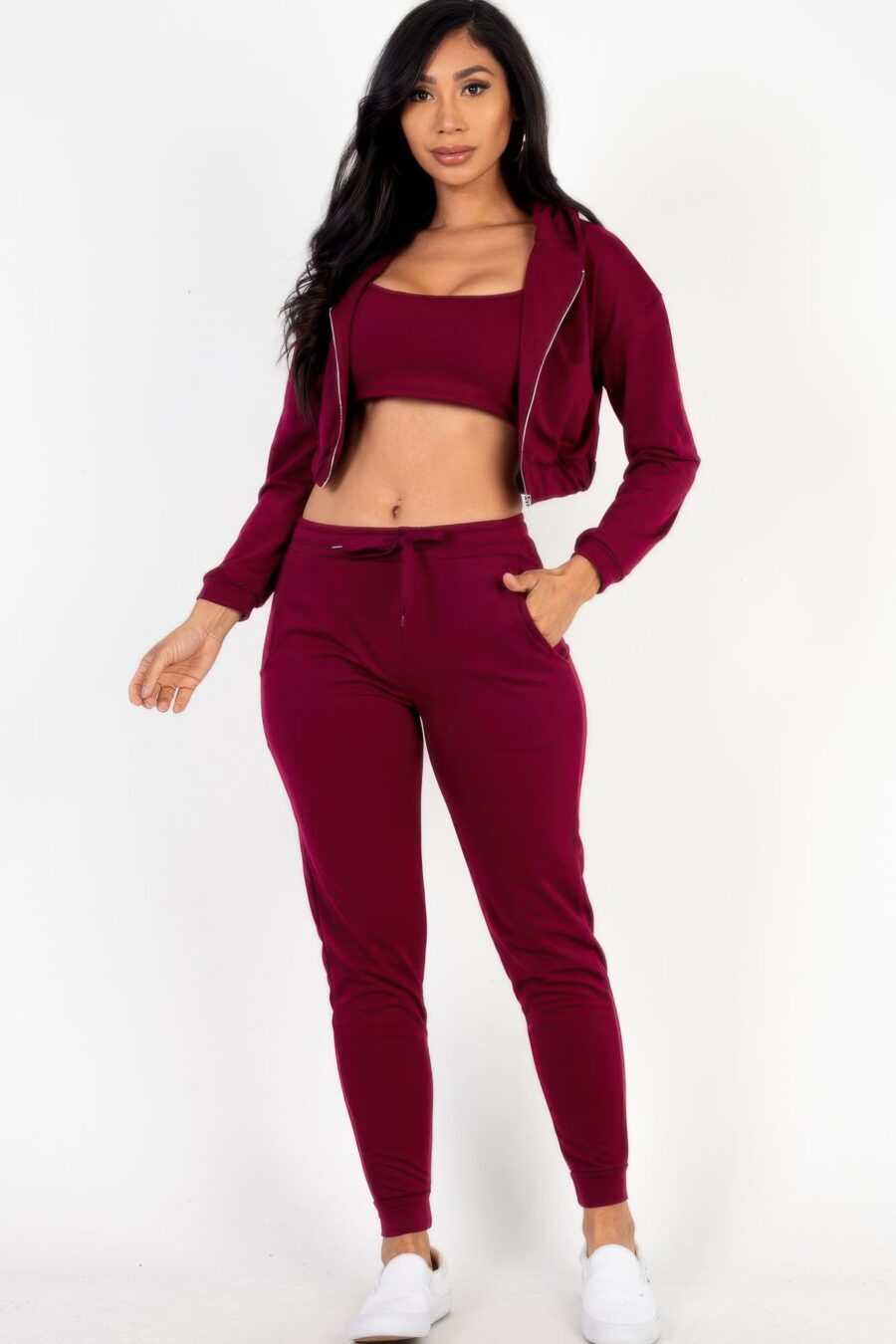 French terry cropped cami with zip-up jacket and joggers set