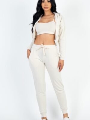 French Terry Cropped Cami With Zip-up Jacket And Joggers Set French Terry Cropped Cami With Zip-up Jacket And Joggers Set