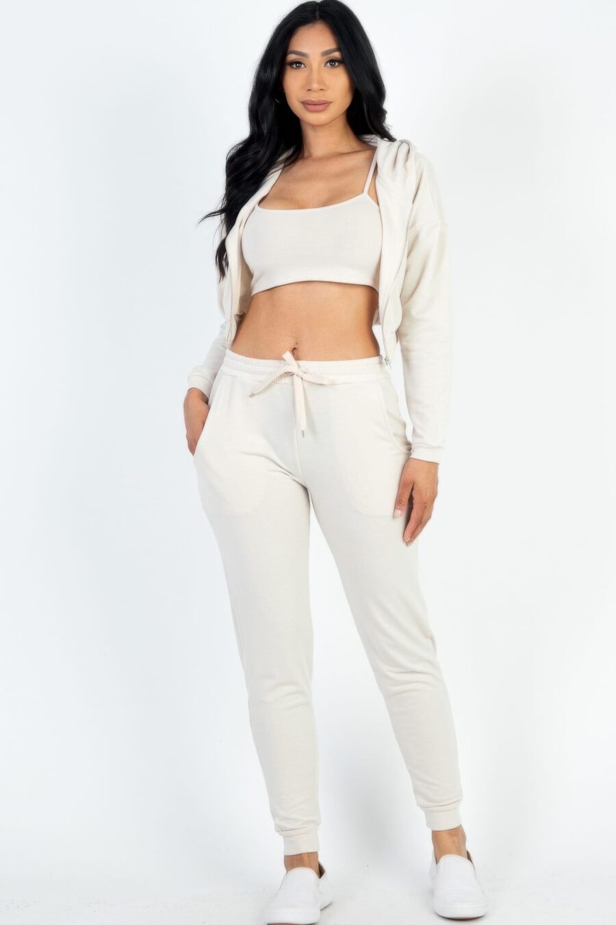 French terry cropped cami with zip-up jacket and joggers set