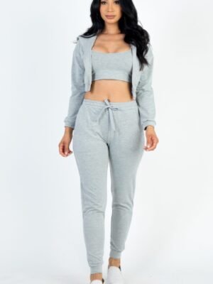 French Terry Cropped Cami With Zip-up Jacket And Joggers Set French Terry Cropped Cami With Zip-up Jacket And Joggers Set