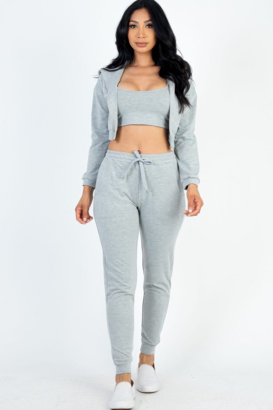 French terry cropped cami with zip-up jacket and joggers set