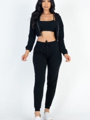 French Terry Cropped Cami With Zip-up Jacket And Joggers Set French Terry Cropped Cami With Zip-up Jacket And Joggers Set