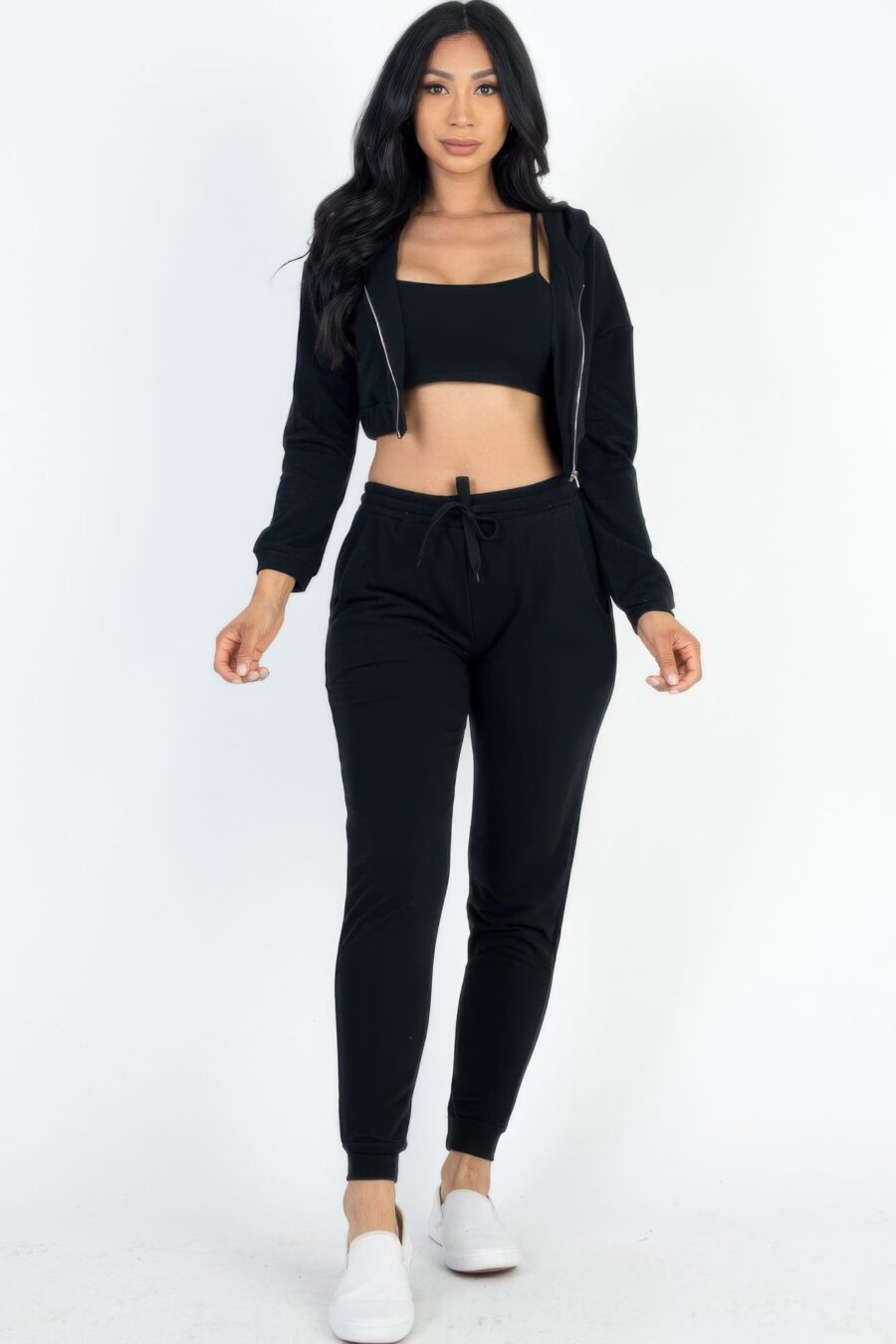 French terry cropped cami with zip-up jacket and joggers set