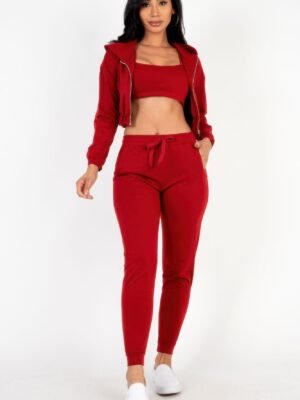 French Terry Cropped Cami With Zip-up Jacket And Joggers Set French Terry Cropped Cami With Zip-up Jacket And Joggers Set