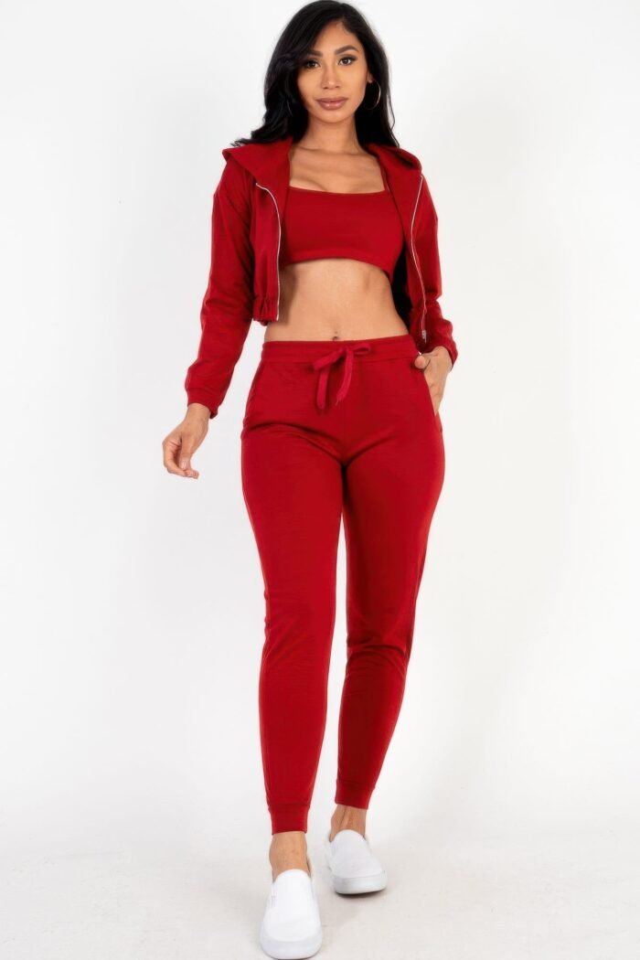 French terry cropped cami with zip-up jacket and joggers set - image 13