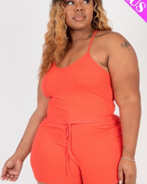 Plus Size Ribbed Crop Cami Top & Shorts Set
