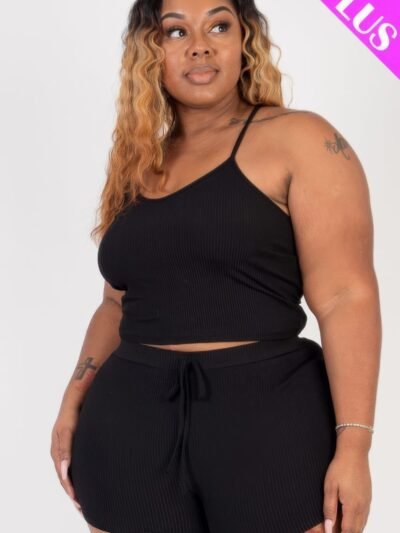 Plus Size Ribbed Crop Cami Top & Shorts Set Plus Size Ribbed Crop Cami Top & Shorts Set