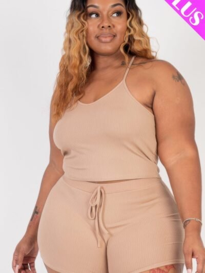 Plus Size Ribbed Crop Cami Top & Shorts Set Plus Size Ribbed Crop Cami Top & Shorts Set