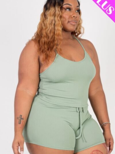 Plus Size Ribbed Crop Cami Top & Shorts Set Plus Size Ribbed Crop Cami Top & Shorts Set