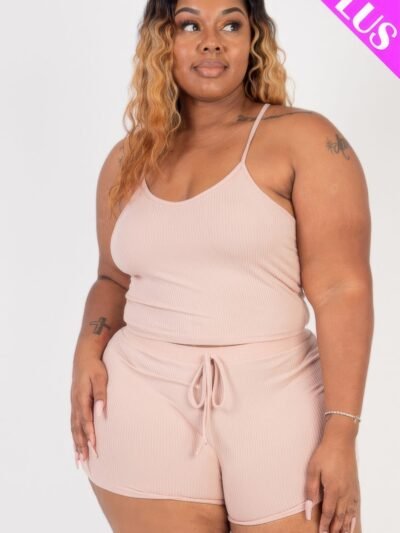 Plus Size Ribbed Crop Cami Top & Shorts Set Plus Size Ribbed Crop Cami Top & Shorts Set