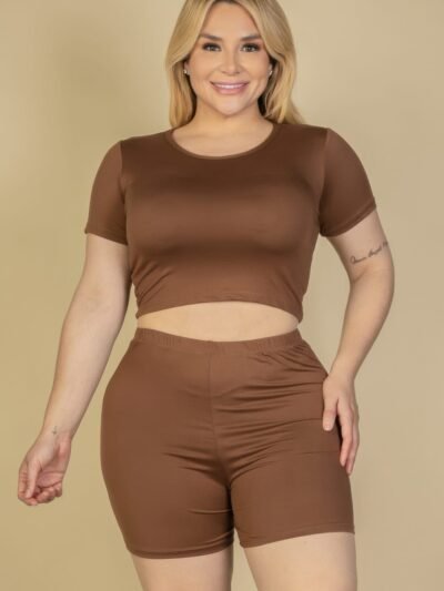 Plus Size Short Sleeve Crop Top & Shorts Set