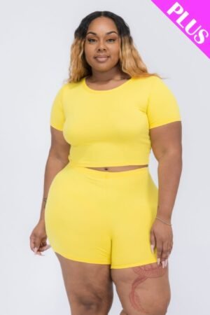 Plus Size Short Sleeve Crop Top & Shorts Set Plus Size Short Sleeve Crop Top & Shorts Set