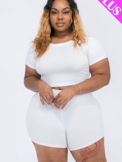 Plus Size Short Sleeve Crop Top & Shorts Set Plus Size Short Sleeve Crop Top & Shorts Set