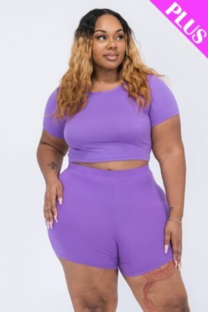 Plus Size Short Sleeve Crop Top & Shorts Set Plus Size Short Sleeve Crop Top & Shorts Set