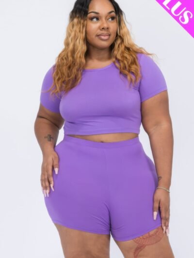 Plus Size Short Sleeve Crop Top & Shorts Set Plus Size Short Sleeve Crop Top & Shorts Set