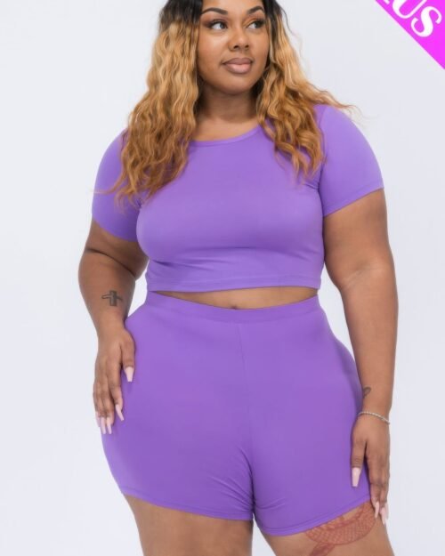 plus size short sleeve crop top & shorts set