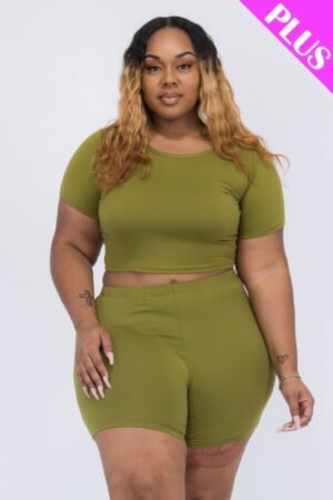 Plus Size Short Sleeve Crop Top & Shorts Set Plus Size Short Sleeve Crop Top & Shorts Set