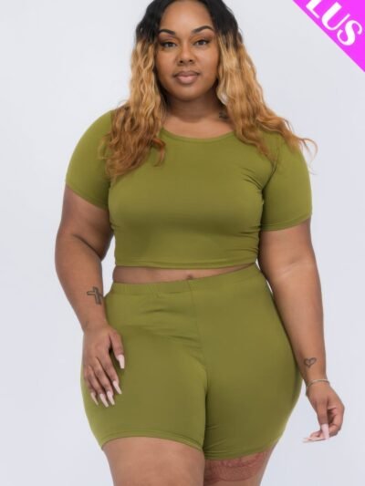 Plus Size Short Sleeve Crop Top & Shorts Set Plus Size Short Sleeve Crop Top & Shorts Set