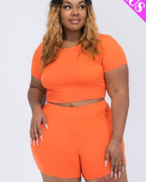 plus size short sleeve crop top & shorts set