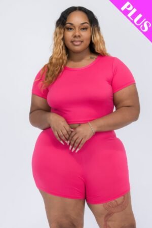 Plus Size Short Sleeve Crop Top & Shorts Set Plus Size Short Sleeve Crop Top & Shorts Set