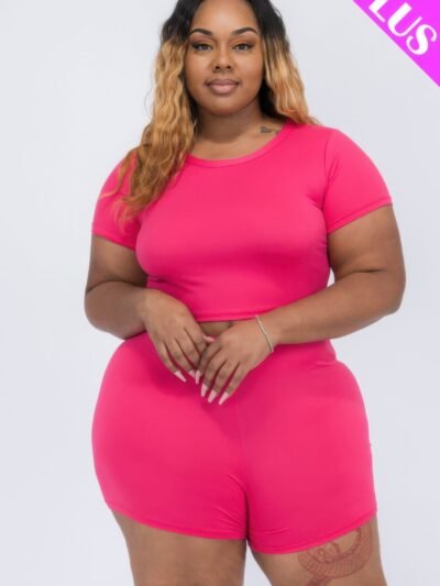 Plus Size Short Sleeve Crop Top & Shorts Set Plus Size Short Sleeve Crop Top & Shorts Set