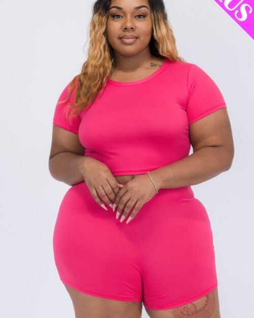 plus size short sleeve crop top & shorts set