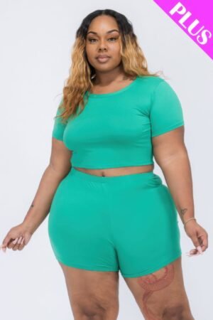 Plus Size Short Sleeve Crop Top & Shorts Set Plus Size Short Sleeve Crop Top & Shorts Set