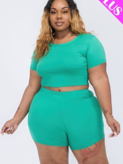 Plus Size Short Sleeve Crop Top & Shorts Set Plus Size Short Sleeve Crop Top & Shorts Set