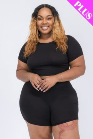 Plus Size Short Sleeve Crop Top & Shorts Set Plus Size Short Sleeve Crop Top & Shorts Set