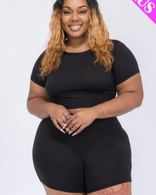 plus size short sleeve crop top & shorts set