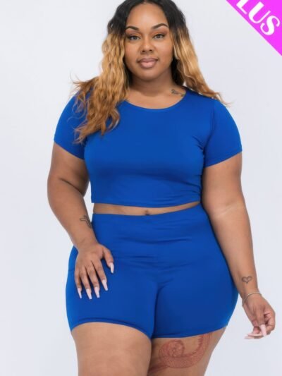 Plus Size Short Sleeve Crop Top & Shorts Set Plus Size Short Sleeve Crop Top & Shorts Set
