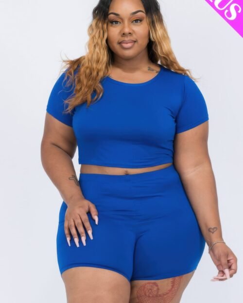 plus size short sleeve crop top & shorts set