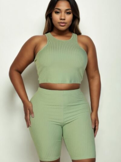Plus Size Ribbed Cropped Tank Top And Biker Shorts Set