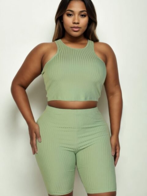 Plus Size Ribbed Cropped Tank Top And Biker Shorts Set