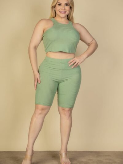 Plus Size Ribbed Cropped Tank Top And Biker Shorts Set Plus Size Ribbed Cropped Tank Top And Biker Shorts Set