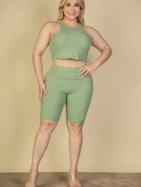 Plus Size Ribbed Cropped Tank Top And Biker Shorts Set