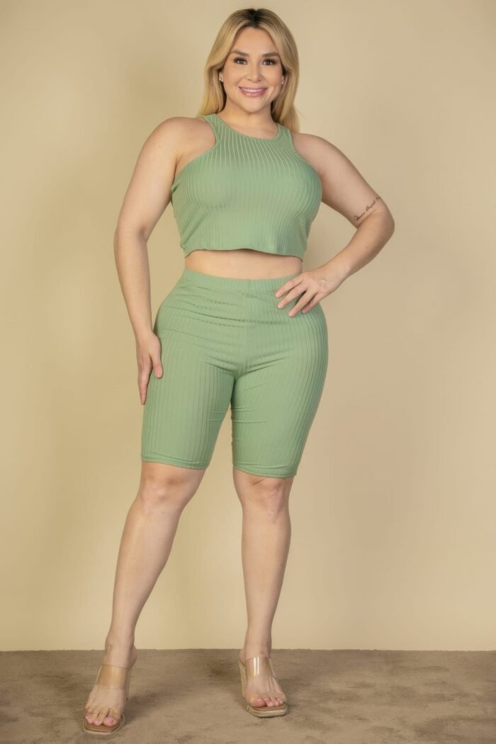 Plus size ribbed cropped tank top and biker shorts set