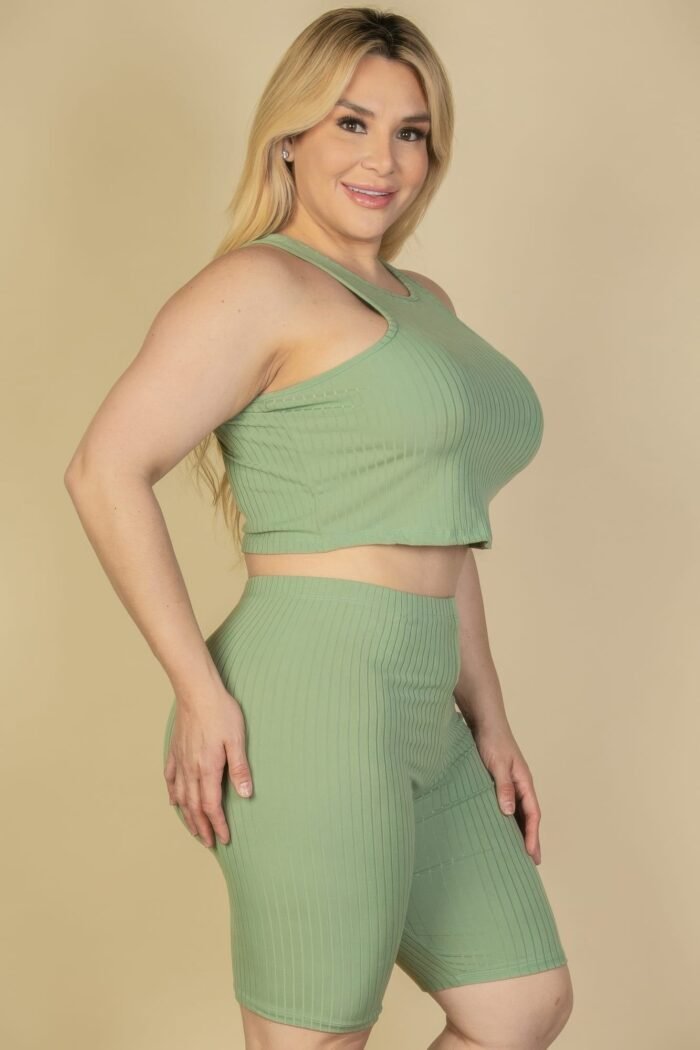 Plus size ribbed cropped tank top and biker shorts set