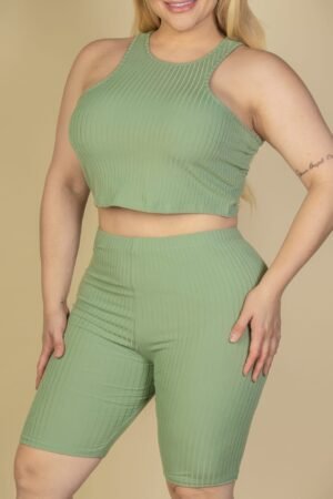 Plus Size Ribbed Cropped Tank Top And Biker Shorts Set Plus Size Ribbed Cropped Tank Top And Biker Shorts Set