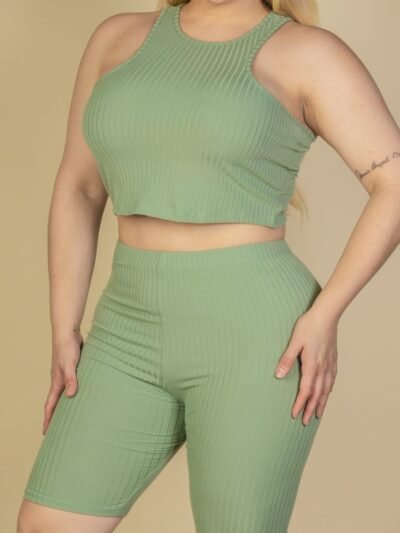 Plus Size Ribbed Cropped Tank Top And Biker Shorts Set Plus Size Ribbed Cropped Tank Top And Biker Shorts Set
