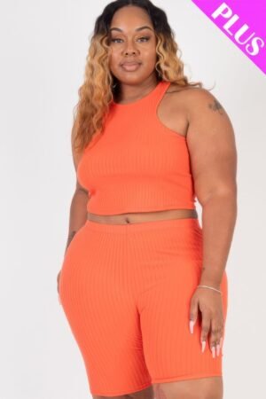 Plus Size Ribbed Cropped Tank Top And Biker Shorts Set Plus Size Ribbed Cropped Tank Top And Biker Shorts Set