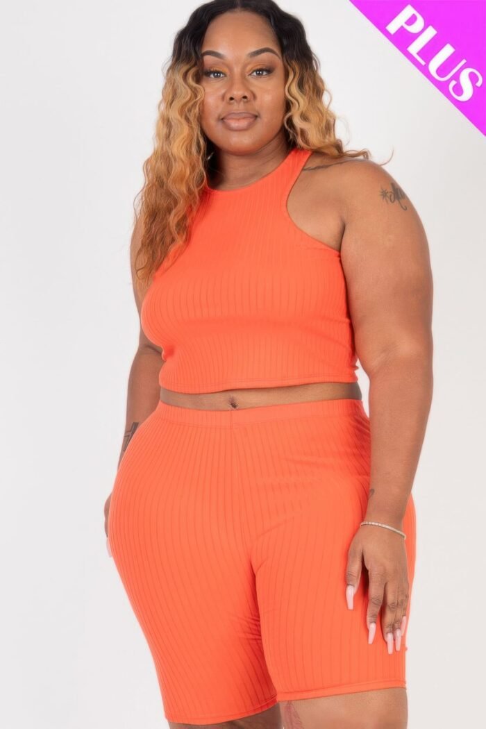 Plus size ribbed cropped tank top and biker shorts set