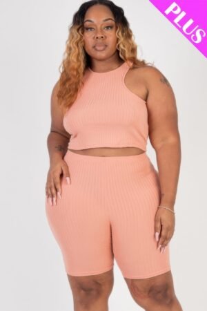 Plus Size Ribbed Cropped Tank Top And Biker Shorts Set Plus Size Ribbed Cropped Tank Top And Biker Shorts Set